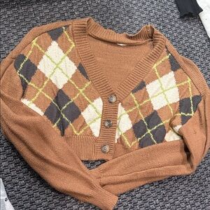 Garage Brown Argyle Cropped Cardigan Sweater